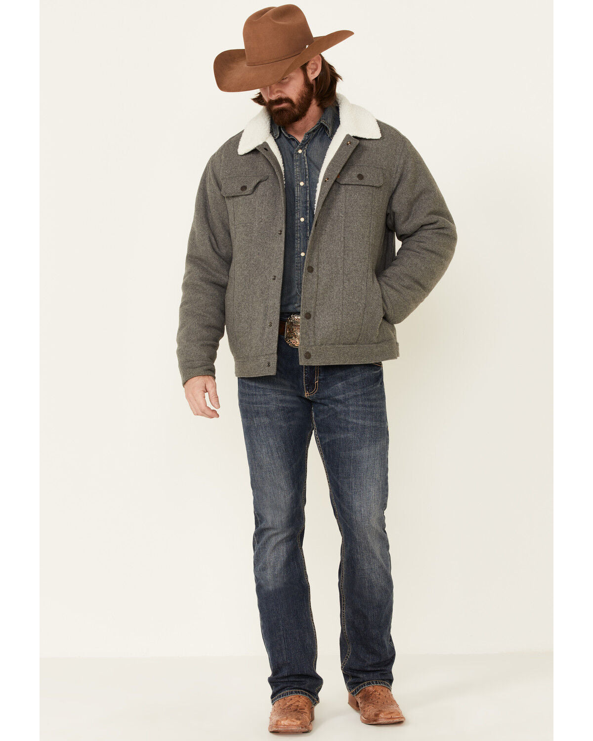Cinch Jacket Men's Grey Wool, Snap Front Trucker Jacket - MWJ1074003