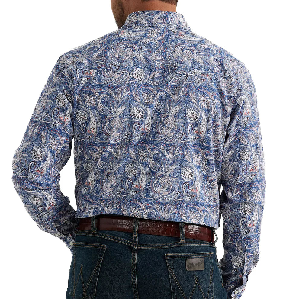 Mens Wrangler 20X Navy/White Paisley Long Sleeve Button Up