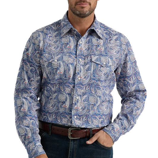 Mens Wrangler 20X Navy/White Paisley Long Sleeve Button Up