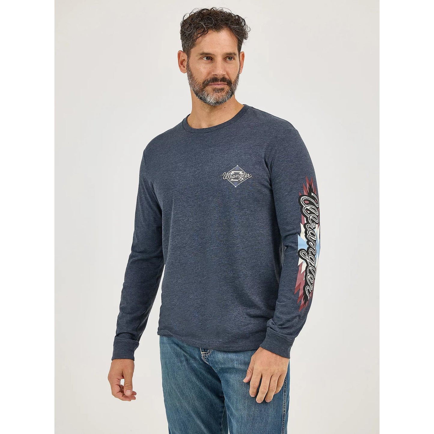Wrangler Men's Graphic Heather Grey-Navy Long Sleeve T-Shirt 112368561
