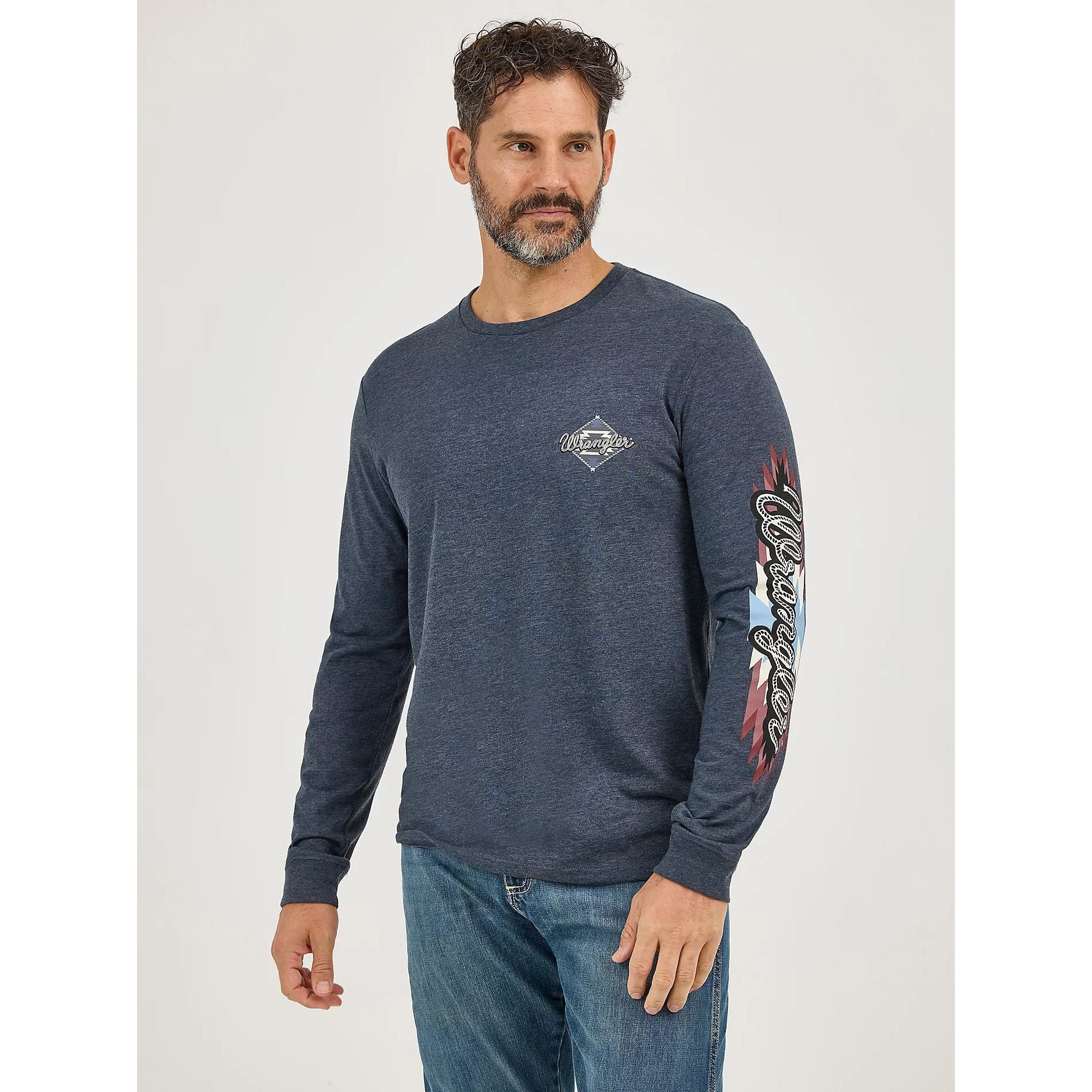 Wrangler Men's Graphic Heather Grey-Navy Long Sleeve T-Shirt 112368561