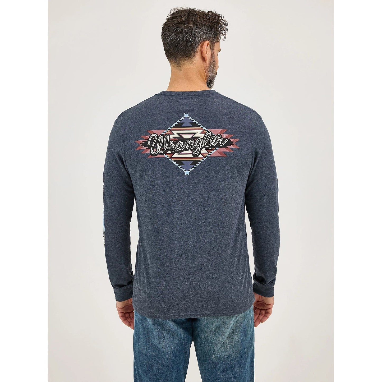 Wrangler Men's Graphic Heather Grey-Navy Long Sleeve T-Shirt 112368561