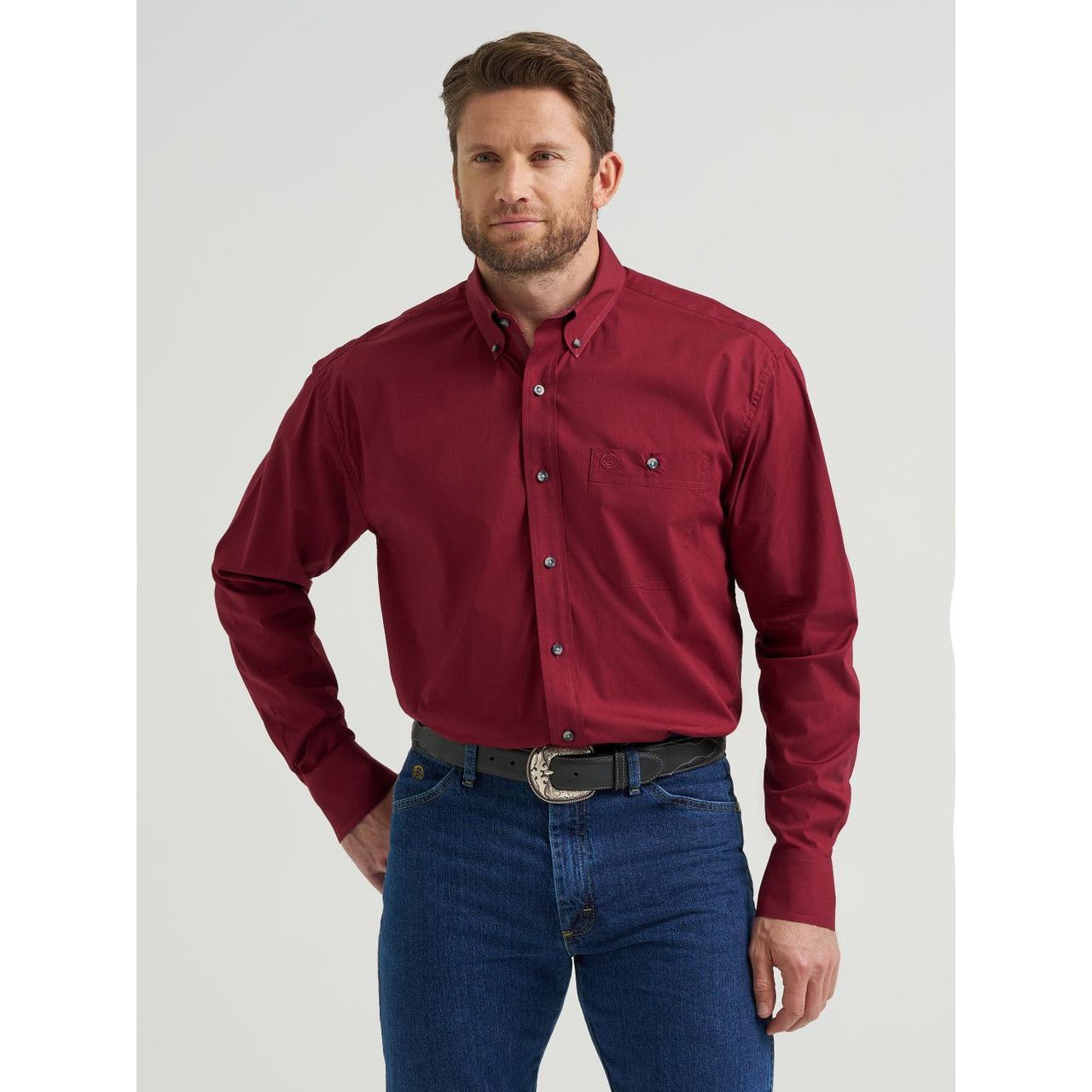 Wrangler Men’s George Straight, Button Down, Solid Burgundy 112369627