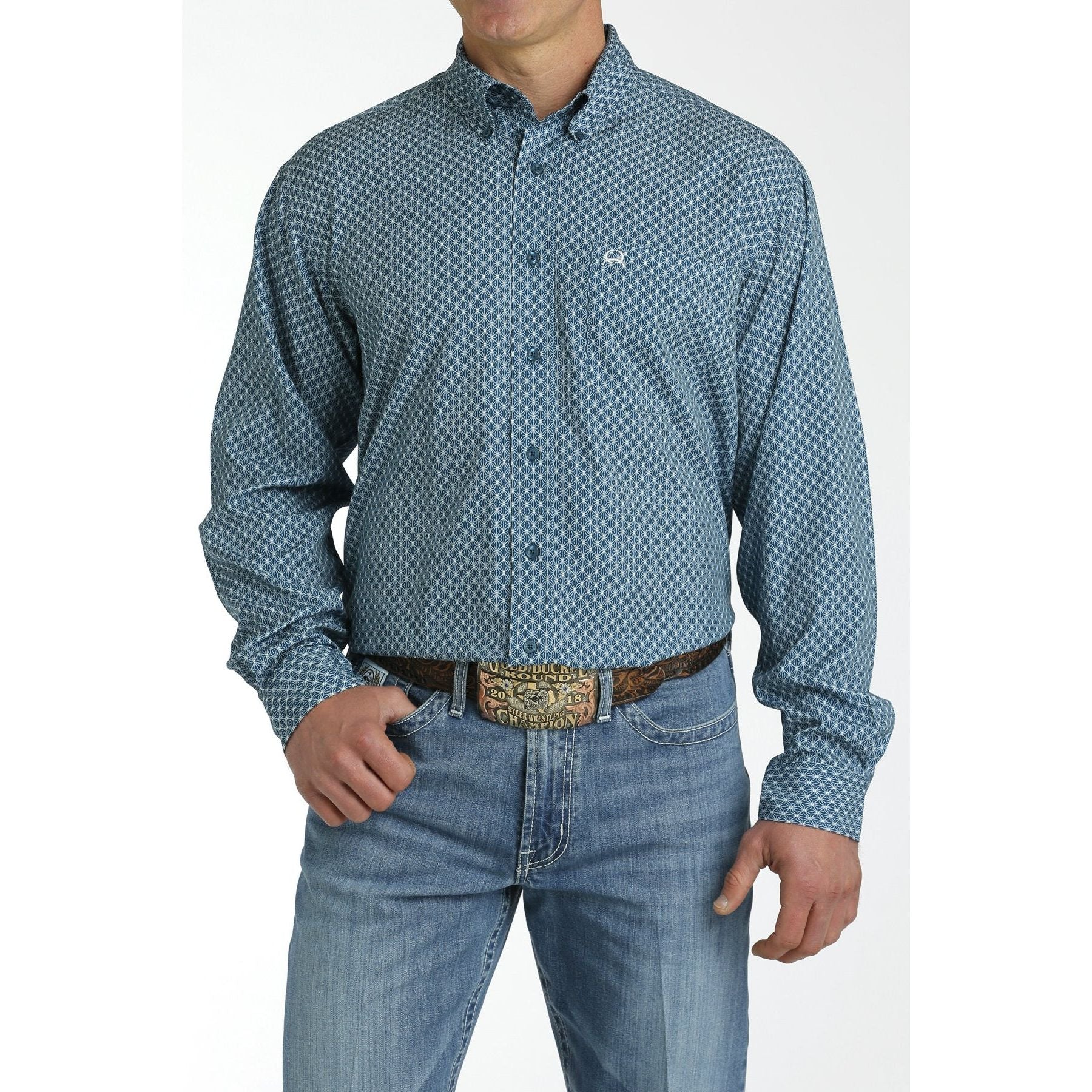 Cinch Men's Teal Geometric ArenaFlex Long Sleeve