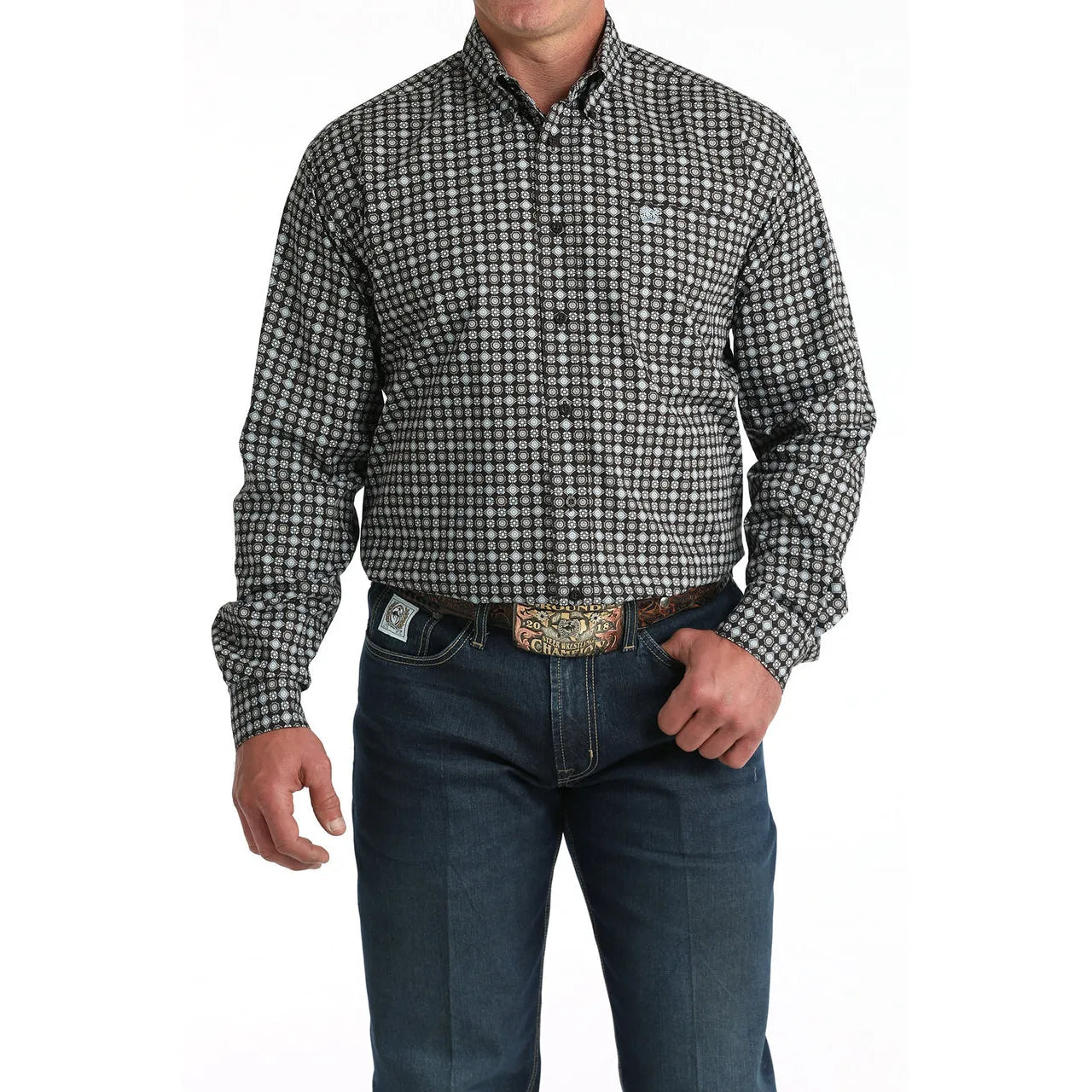 Cinch Men’s Long Sleeve Button Up, Geometric Brown-Blue MTW1106002