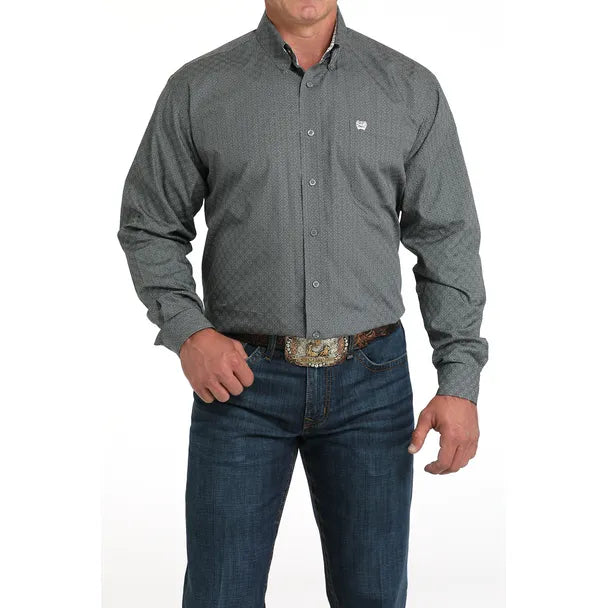 CINCH - Men LONG SLEEVE BUTTON-DOWN SHIRT, Geometric Print, Grey MTW1105987