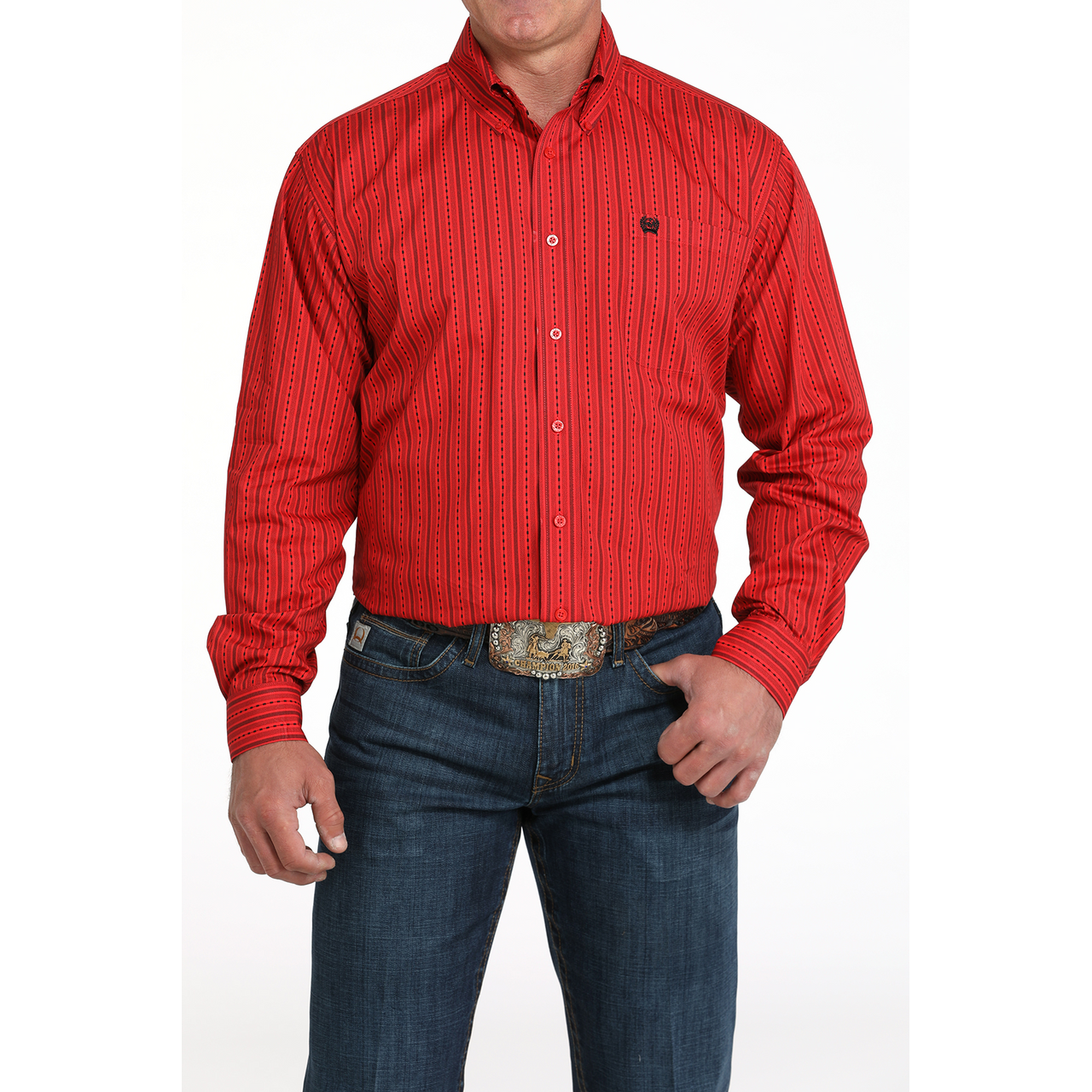 CINCH - Men LONG SLEEVE BUTTON-DOWN SHIRT, Geometric Print, Red MTW1105991