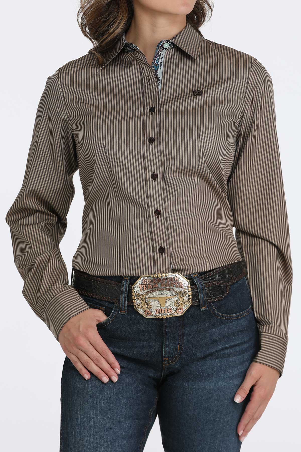 CINCH - Ladies Western Shirt, BUTTON-DOWN, Brown Stripe- MSW9165076