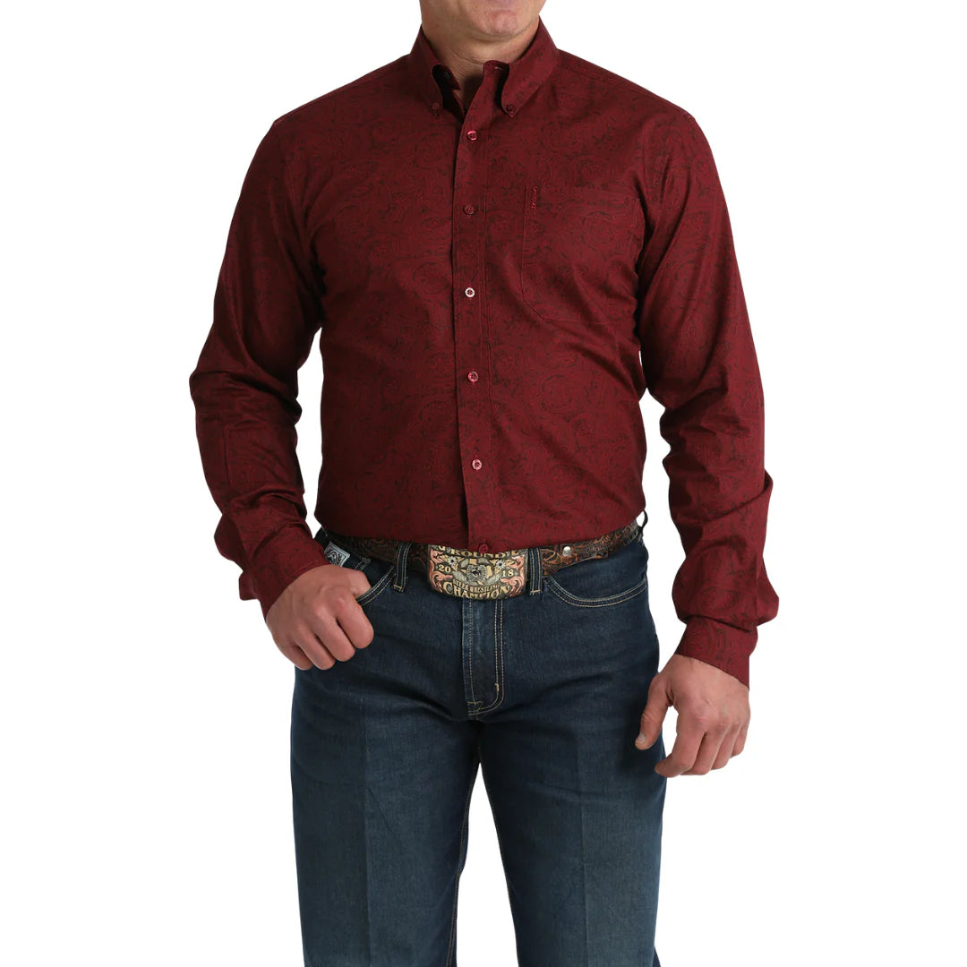 Cinch Men’s Modern Fit, Button Down Shirt, Burgundy Paisley- MTW1347149