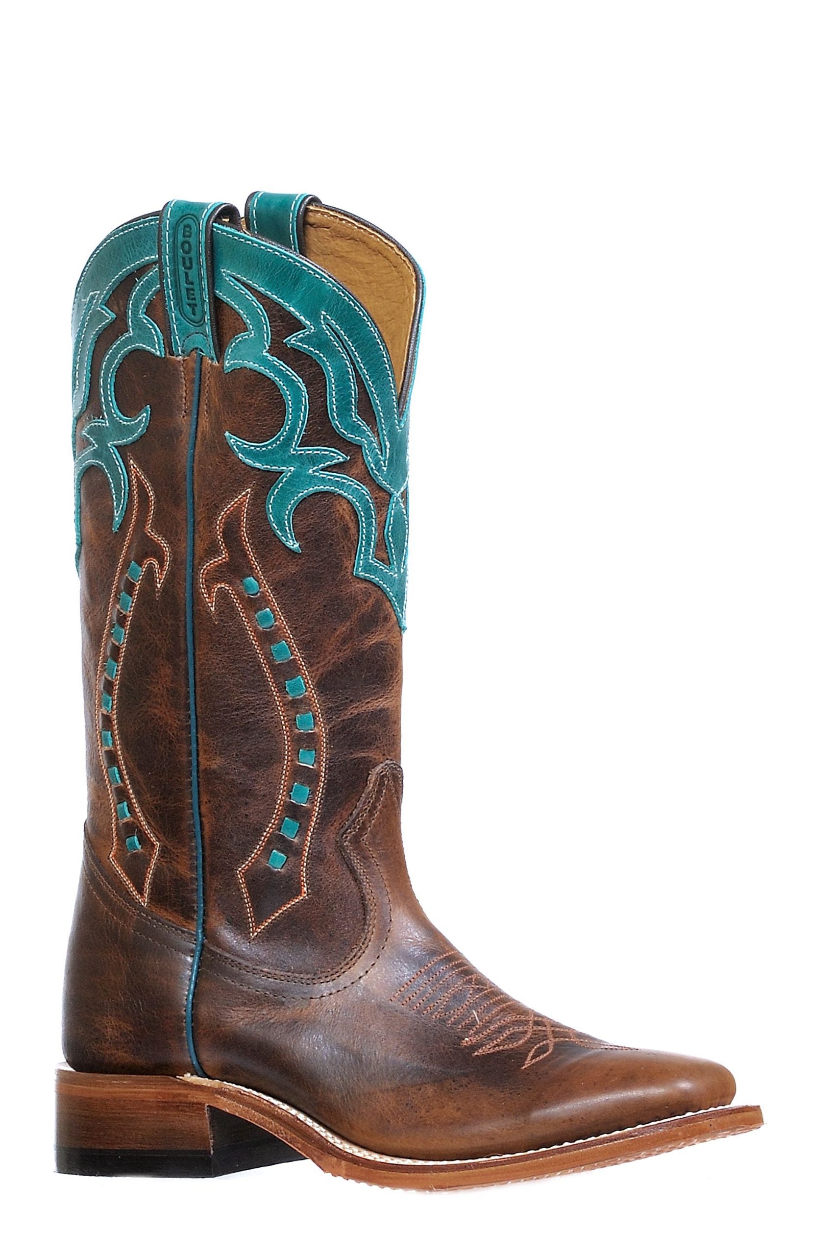 BOULET Ladies WESTERN BOOTS, Brown with Turquoise, Square Toe, 8294