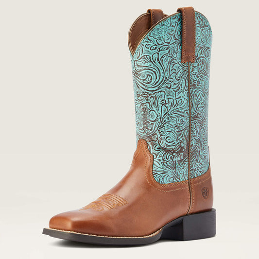 Ariat Ladies Western Boot, Round Up, Square Toe,  Turquoise Floral Top 10042534