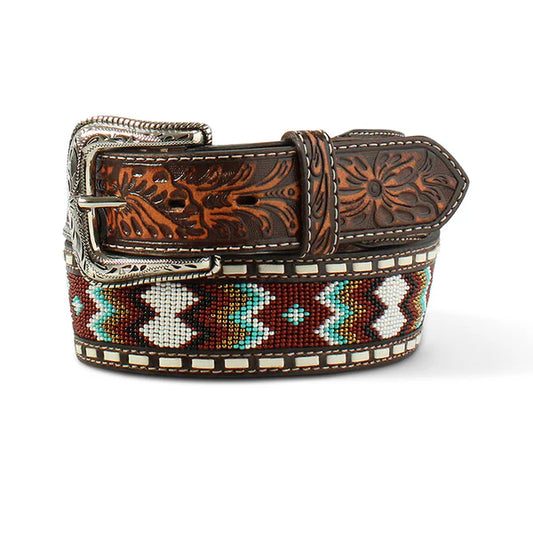 ~Ariat Men’s Leather Belt Zig Zag Beaded, A1040402