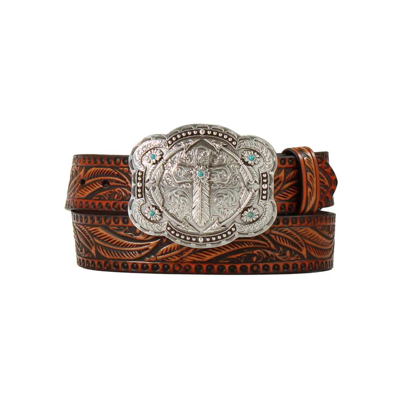 Angel Ranch Belt Tan Feather Embossed with Cross Buckle - D140008608