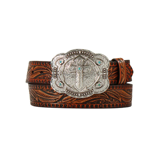 Angel Ranch Belt Tan Feather Embossed with Cross Buckle - D140008608