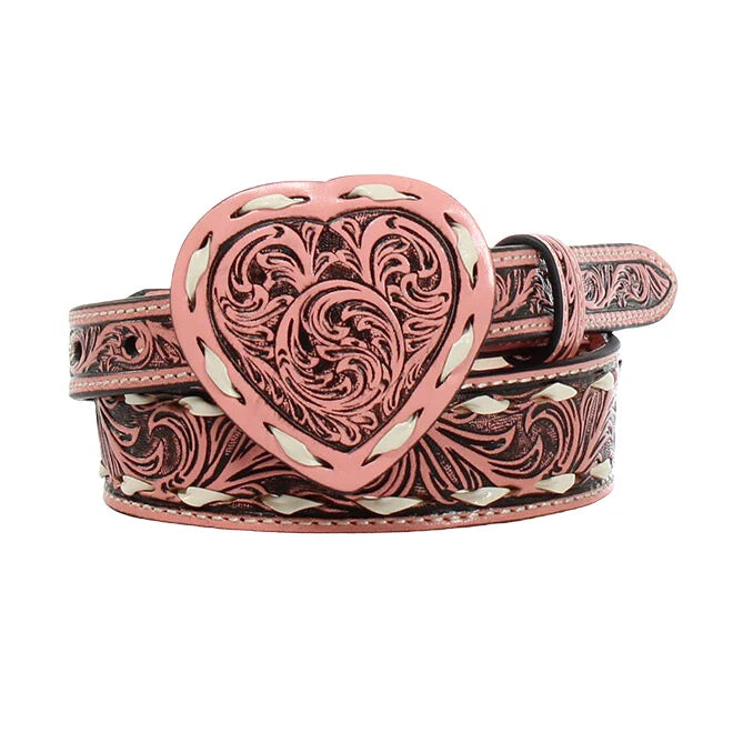 Angel Ranch Girls Belt Pink, White Stitching and Heart Buckle | D130002230