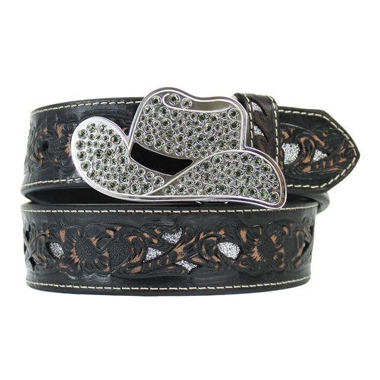 Angel Ranch Ladies Belt - Cowboy Hat Bling Buckle, Silver Glitter Inlay, Black D140007601