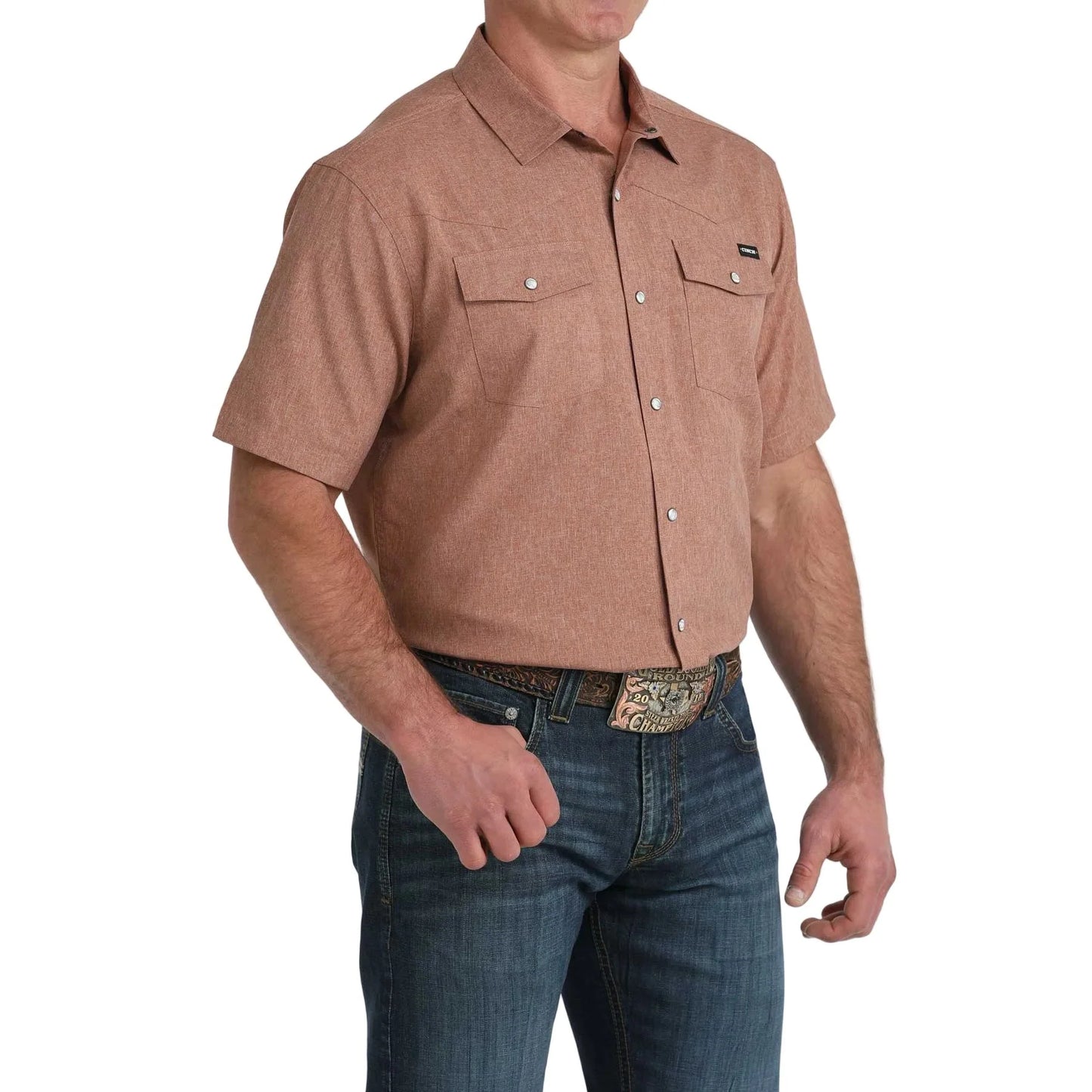 CINCH - Men Short Sleeve Snaps Shirts, Stretch Ripstop, Brown, MTW1402010