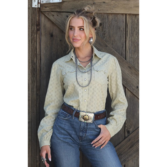 Cruel Girl Ladies Long Sleeve Snap Shirt - Eyelet Sage CTW7383013