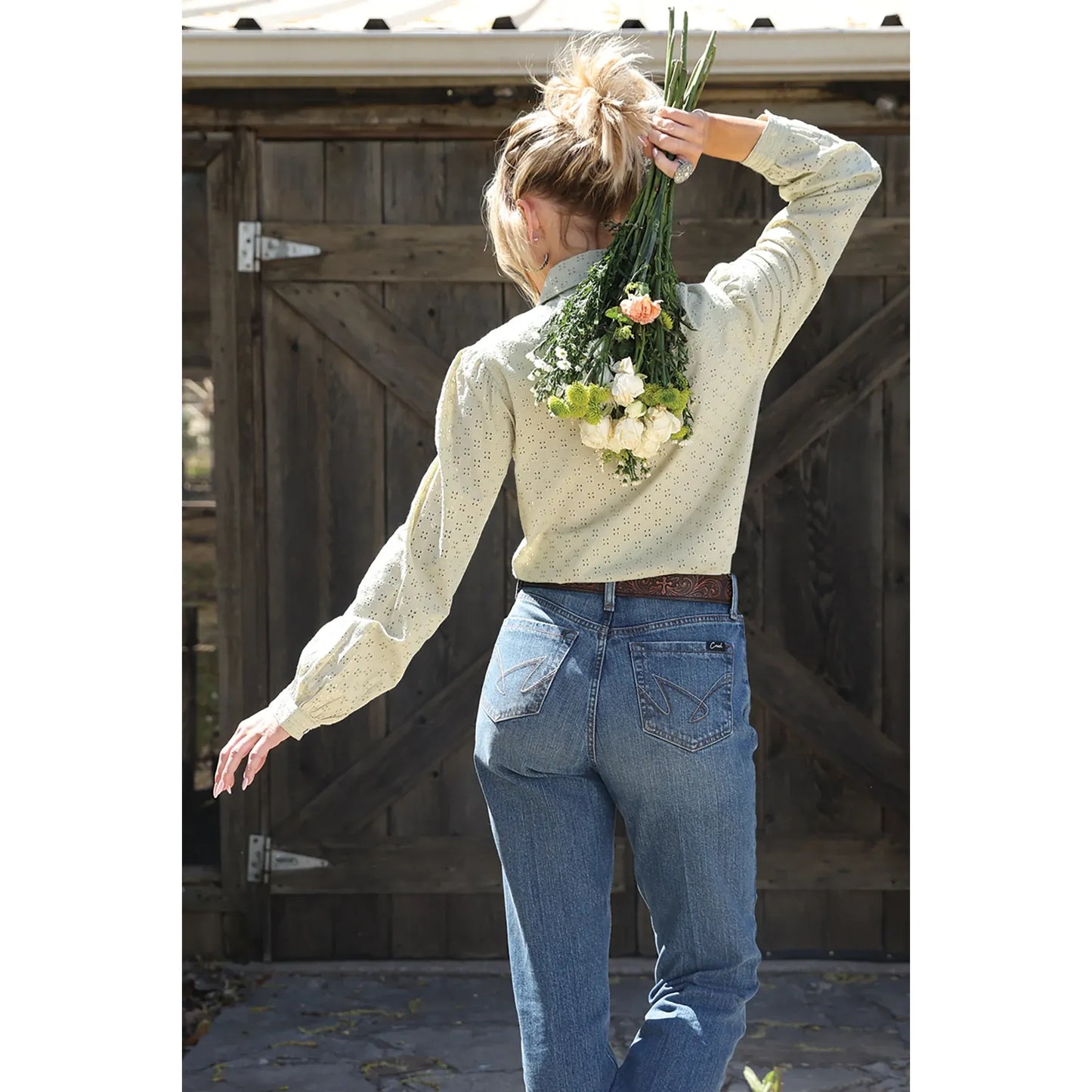 Cruel Girl Ladies Long Sleeve Snap Shirt - Eyelet Sage CTW7383013