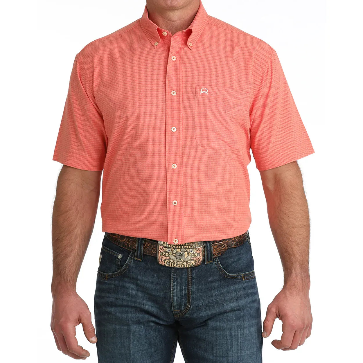 Cinch Men’s Arenaflex Shirt, Short Sleeve- Button Front, Orange MTW1725003