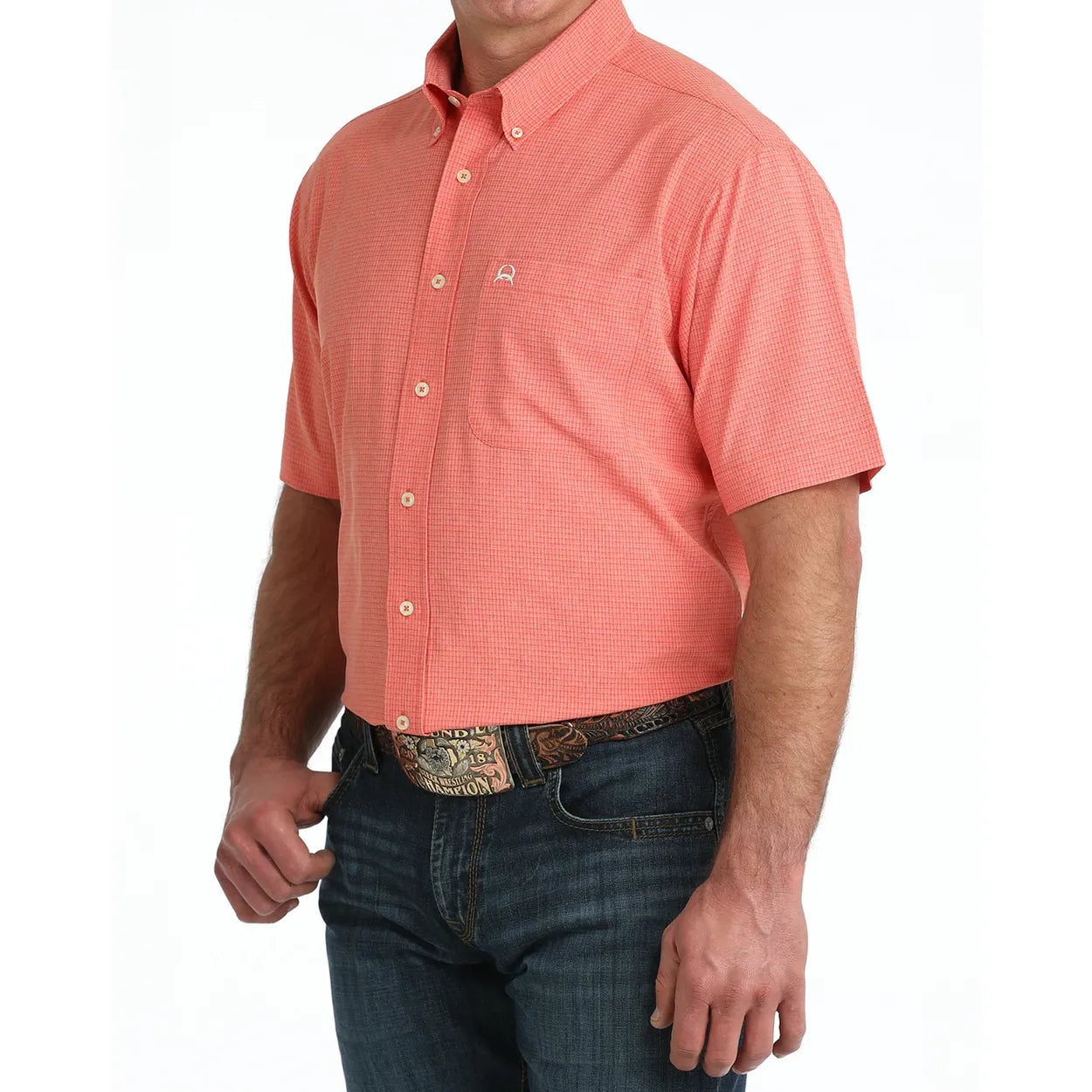 Cinch Men’s Arenaflex Shirt, Short Sleeve- Button Front, Orange MTW1725003