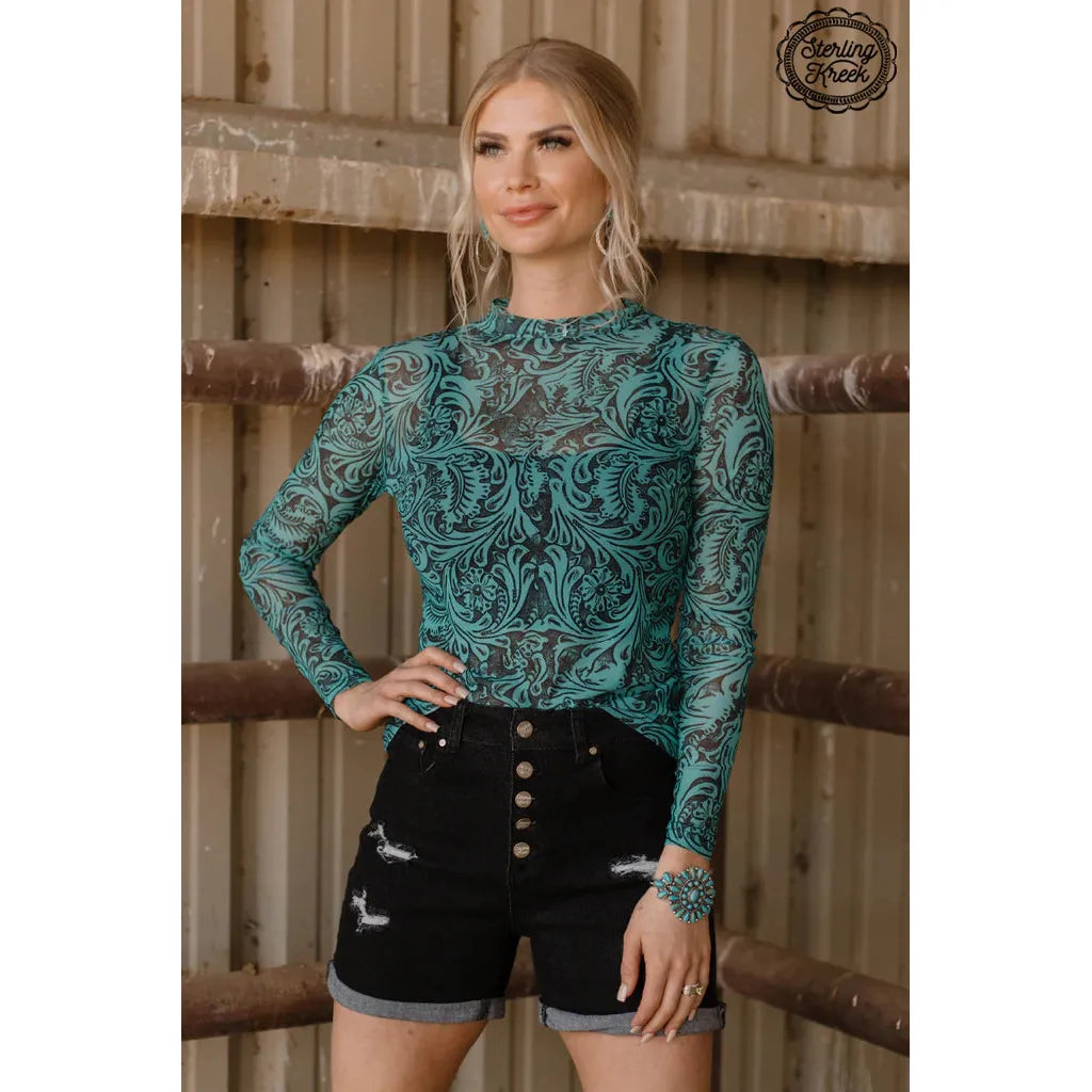 Ladies Sterling Kreek Tooled In Turquoise Long Sleeve