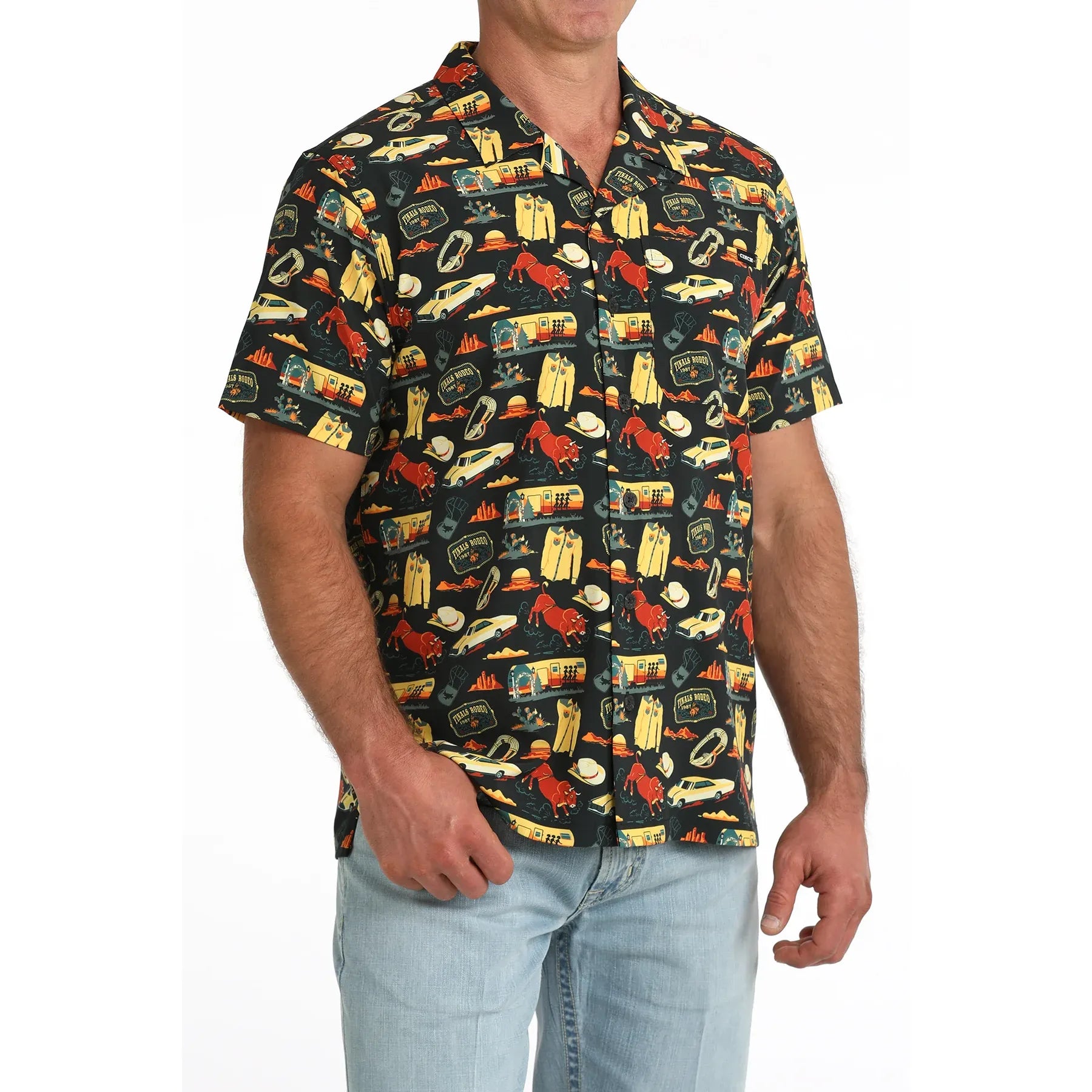 Cinch Men's Camp Short Sleeve, Finals Rodeo, Black, Button Down Shirt MTW1401057
