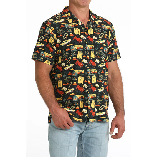Cinch Men's Camp Short Sleeve, Finals Rodeo, Black, Button Down Shirt MTW1401057
