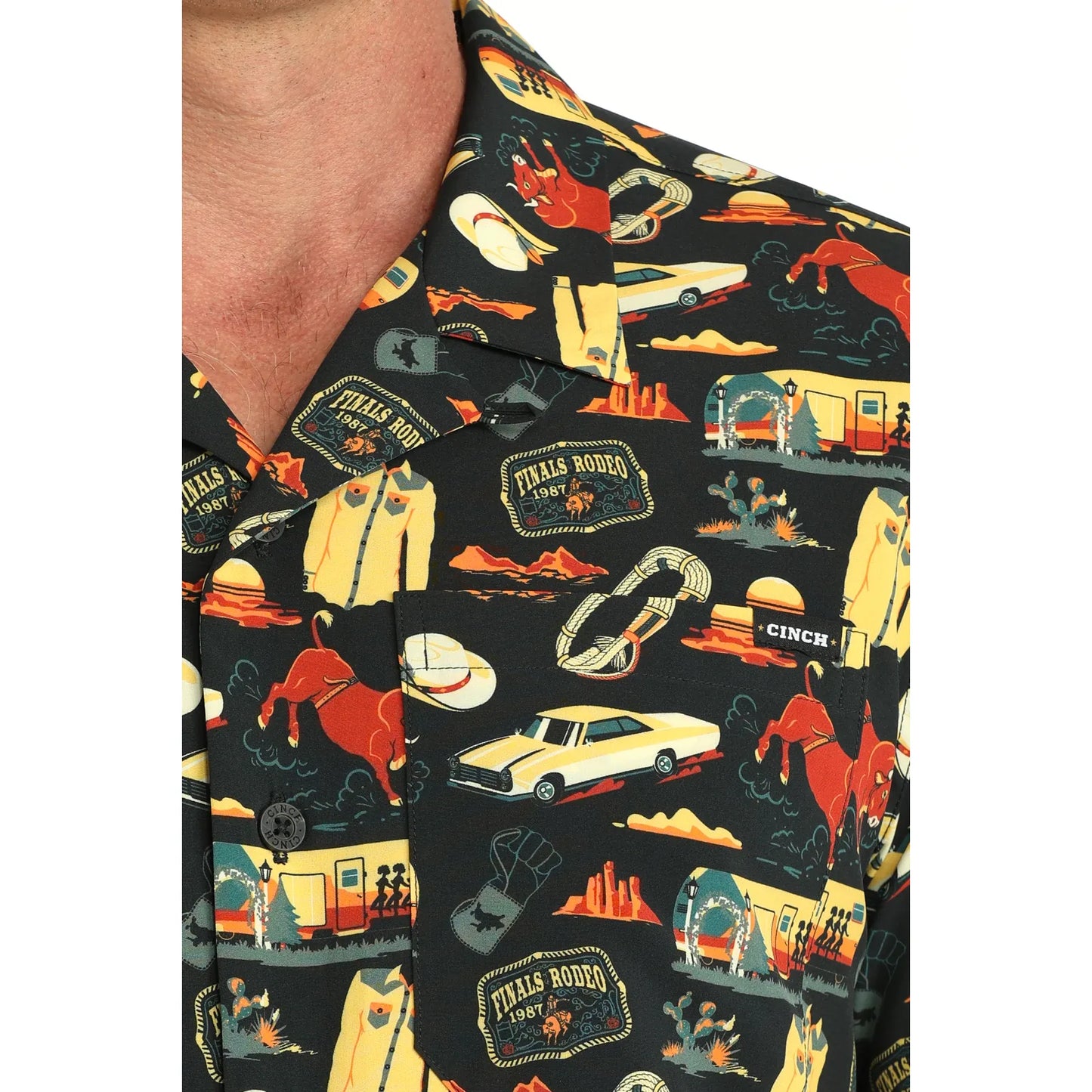 Cinch Men's Camp Short Sleeve, Finals Rodeo, Black, Button Down Shirt MTW1401057