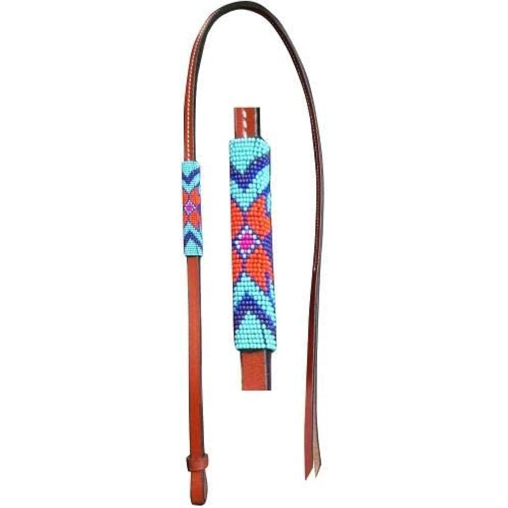 Showman 4ft leather over and under whip w teal/purple/orange beaded