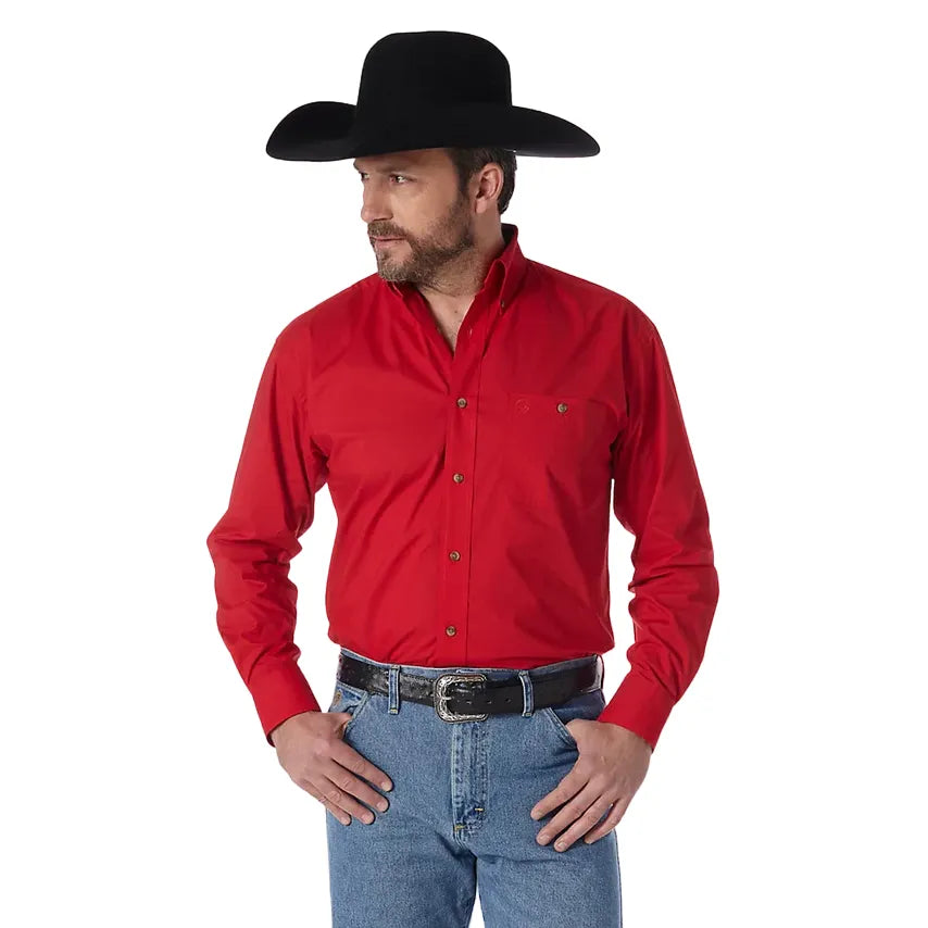 Wrangler Men's George Strait Red Stretch Relaxed Fit Long Sleeve