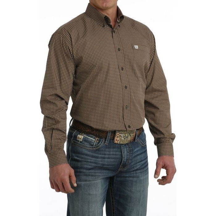 Mens Cinch Black and Brown Geometric Long Sleeve Button Up