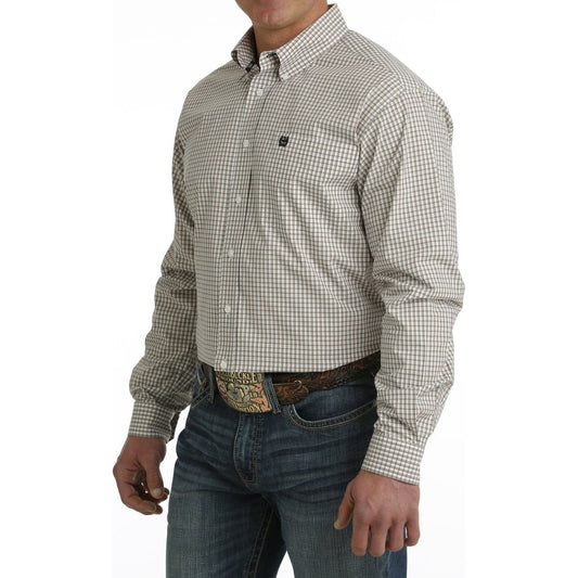 Mens Cinch White and Tan Plaid Long Sleeve Button Up