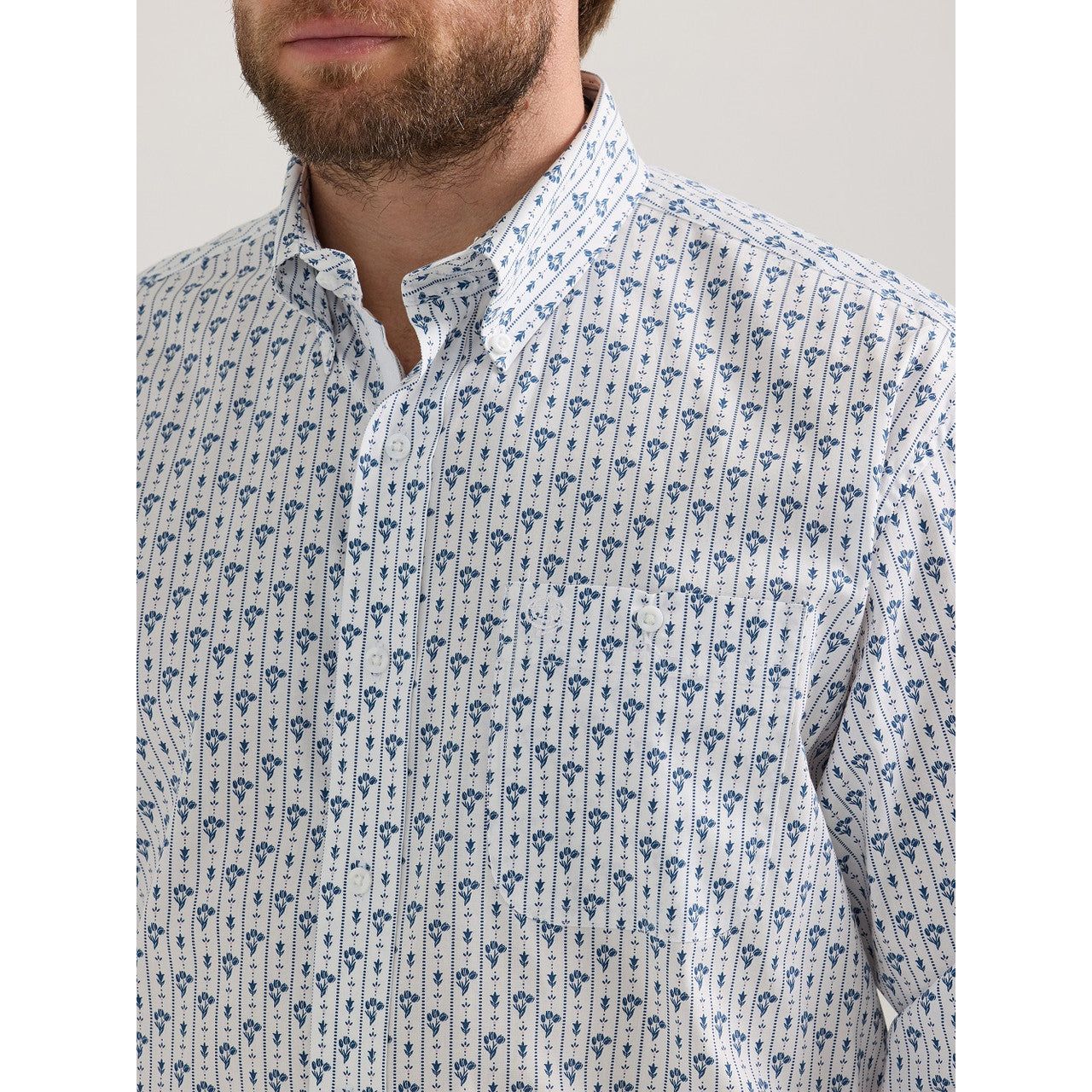 Mens Wrangler George Strait Blue/White Flower Print Long Sleeve Button Up