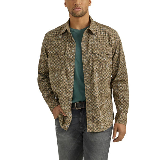 Mens Wrangler Retro Premium Brown/Grey Medallion Long Sleeve Button Up