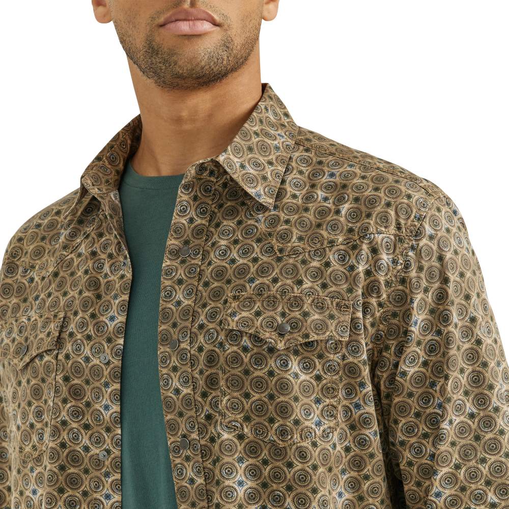 Mens Wrangler Retro Premium Brown/Grey Medallion Long Sleeve Button Up