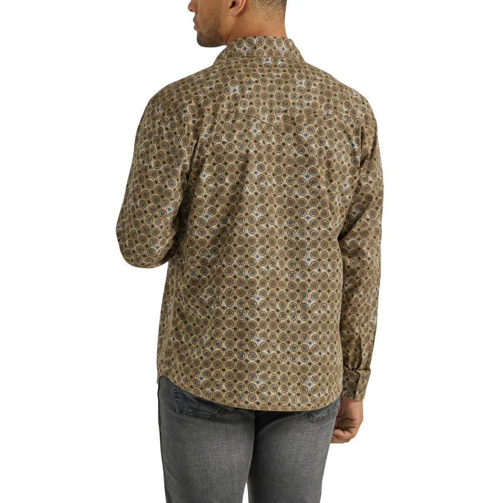 Mens Wrangler Retro Premium Brown/Grey Medallion Long Sleeve Button Up