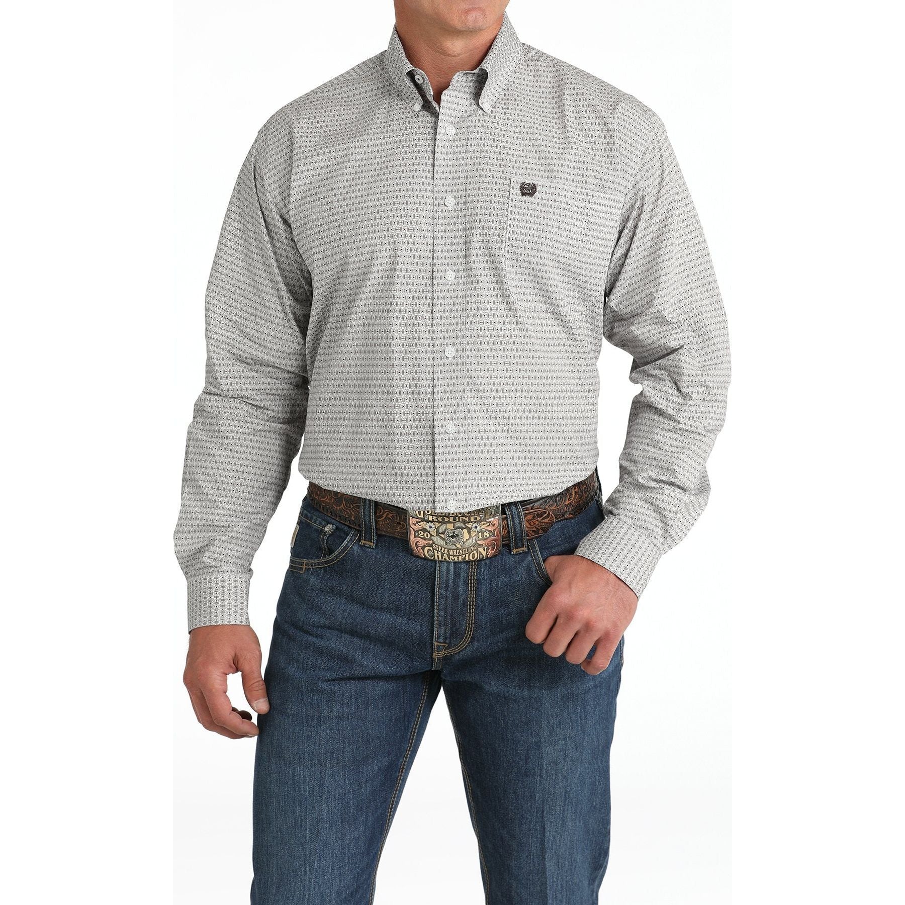 MEN'S GEOMETRIC PRINT BUTTON-DOWN WESTERN SHIRT - WHITE #MTW1105817