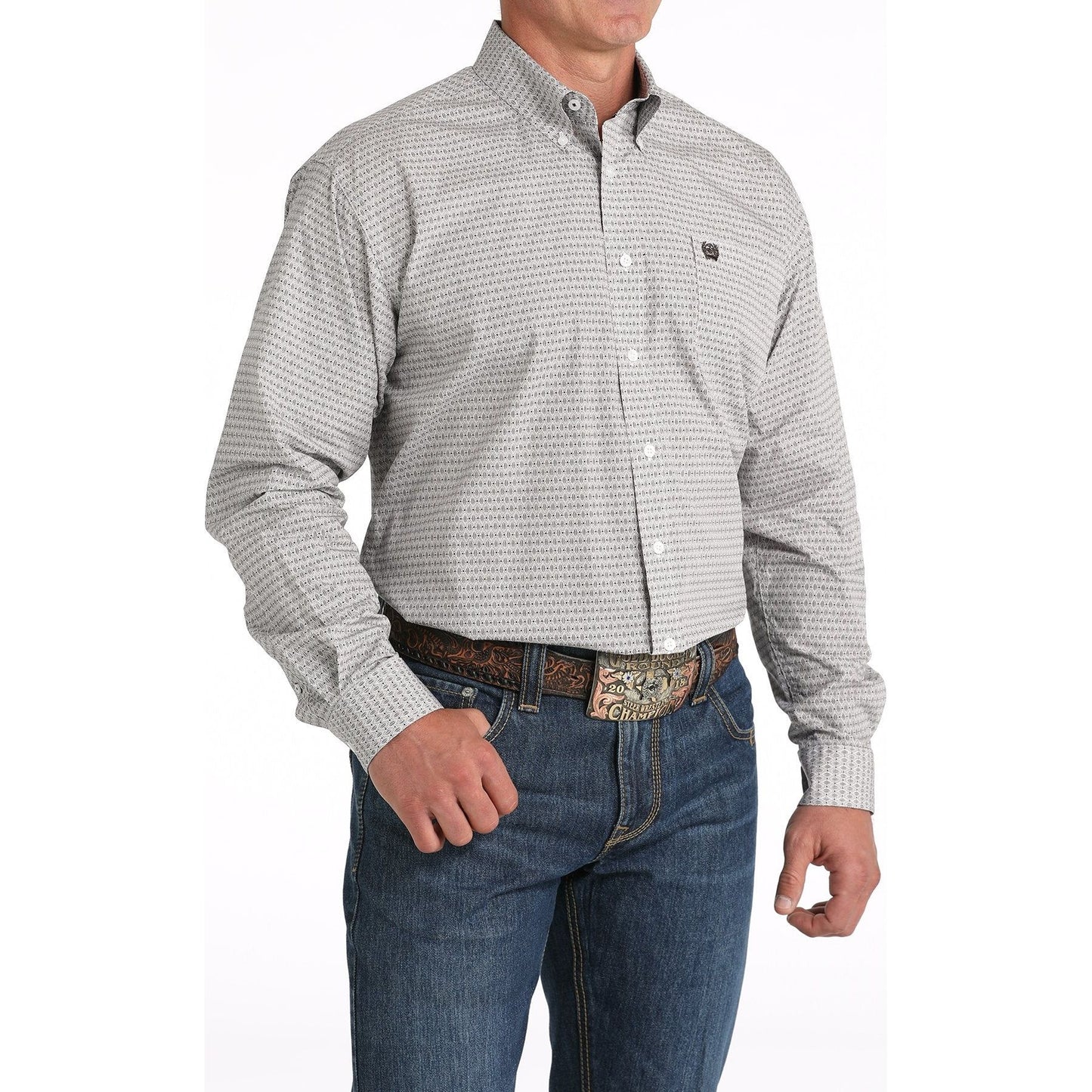 MEN'S GEOMETRIC PRINT BUTTON-DOWN WESTERN SHIRT - WHITE #MTW1105817