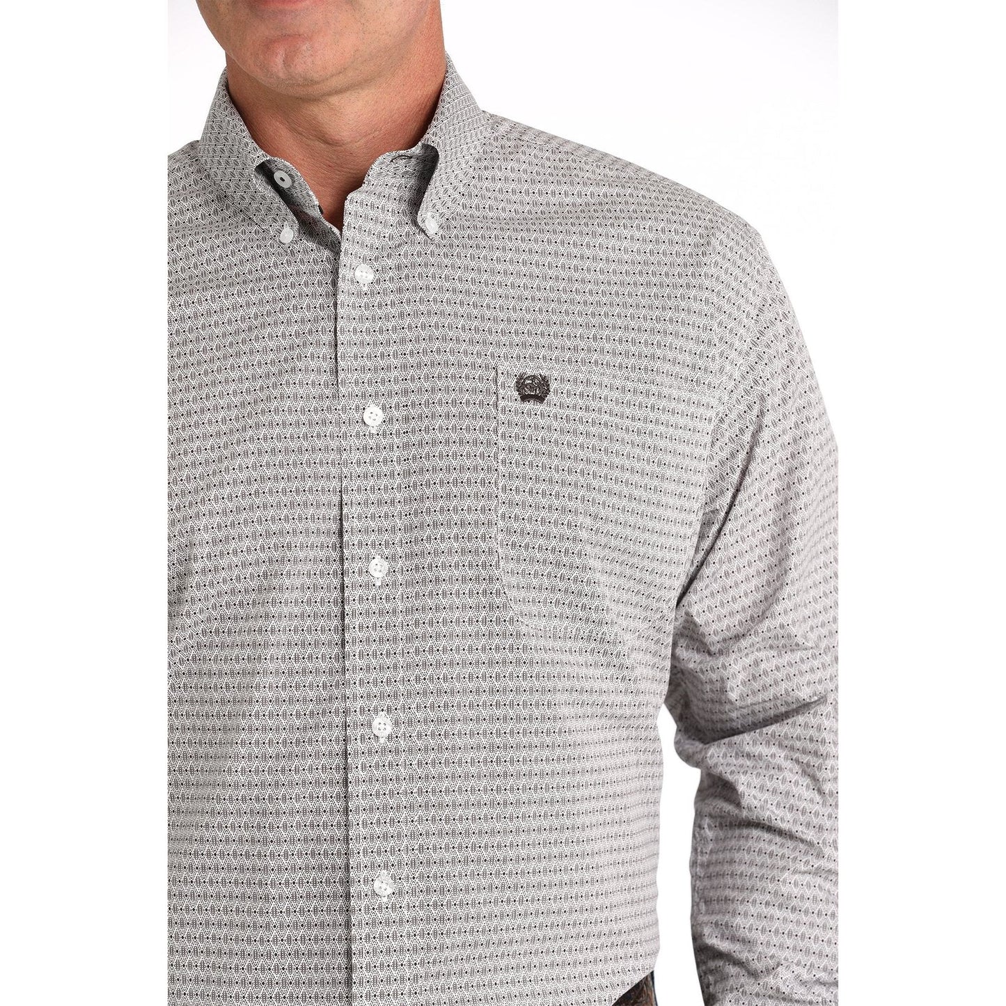 MEN'S GEOMETRIC PRINT BUTTON-DOWN WESTERN SHIRT - WHITE #MTW1105817