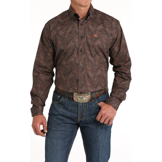 MEN'S PAISLEY PRINT BUTTON-DOWN WESTERN SHIRT - BROWN #MTW1105819