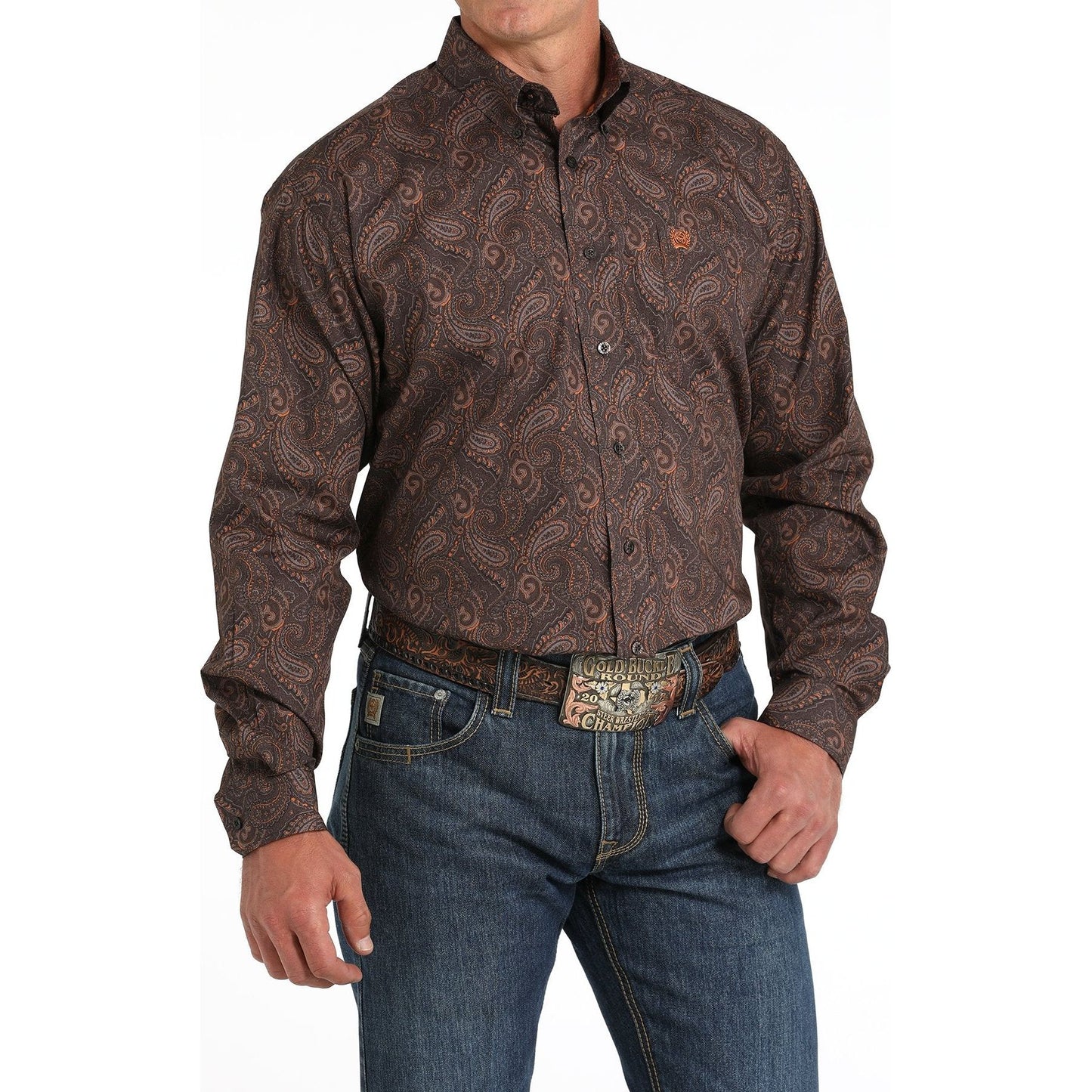 MEN'S PAISLEY PRINT BUTTON-DOWN WESTERN SHIRT - BROWN #MTW1105819