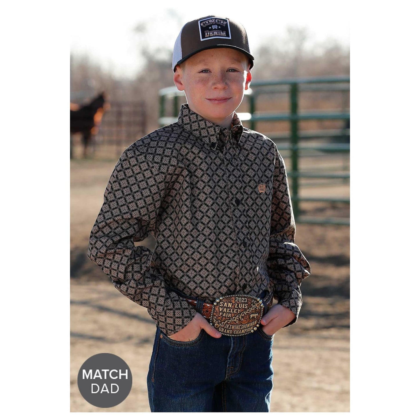 BOY'S GEOMETRIC PRINT BUTTON-DOWN WESTERN SHIRT - BLACK #MTW7060360