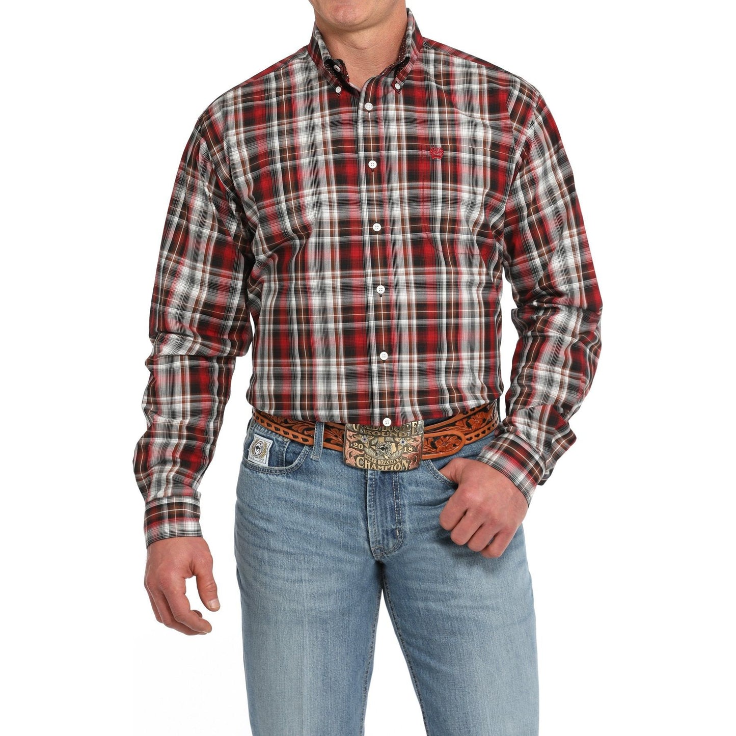 MEN'S PLAID BUTTON-DOWN WESTERN SHIRT - RED #MTW1105838