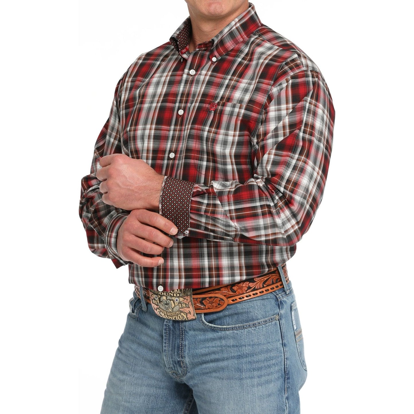 MEN'S PLAID BUTTON-DOWN WESTERN SHIRT - RED #MTW1105838