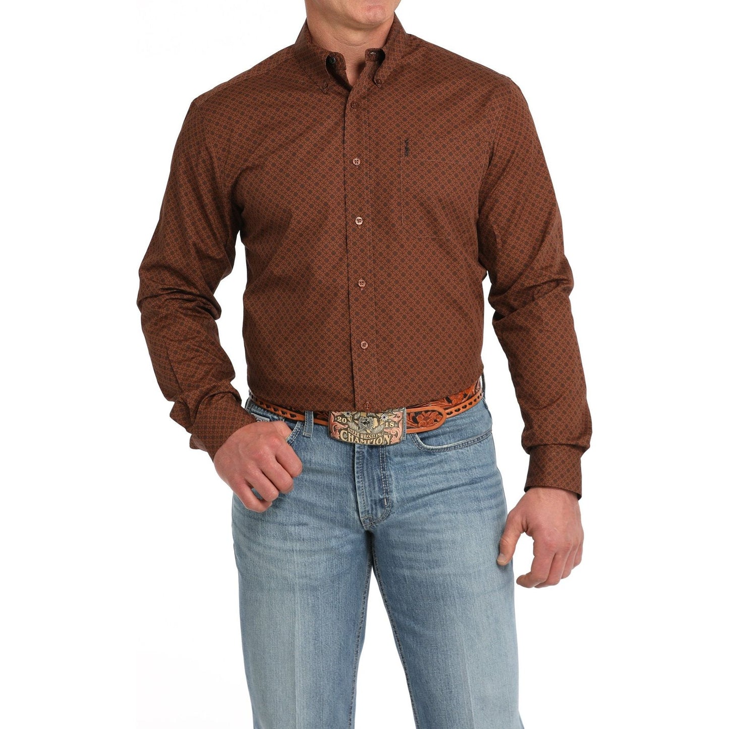 MEN'S MODERN FIT GEOMETRIC PRINT BUTTON-DOWN WESTERN SHIRT - BROWN #MTW1347116