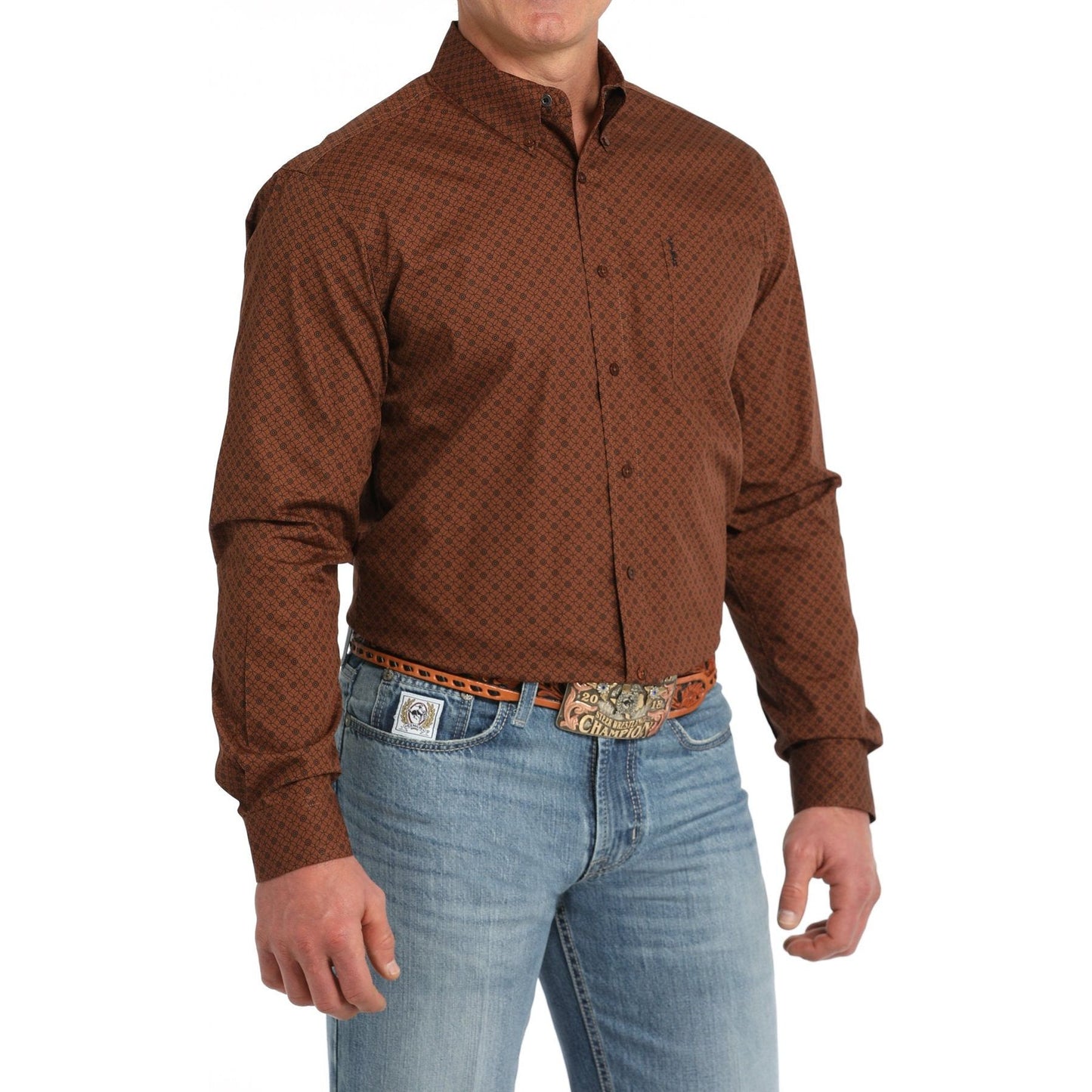 MEN'S MODERN FIT GEOMETRIC PRINT BUTTON-DOWN WESTERN SHIRT - BROWN #MTW1347116