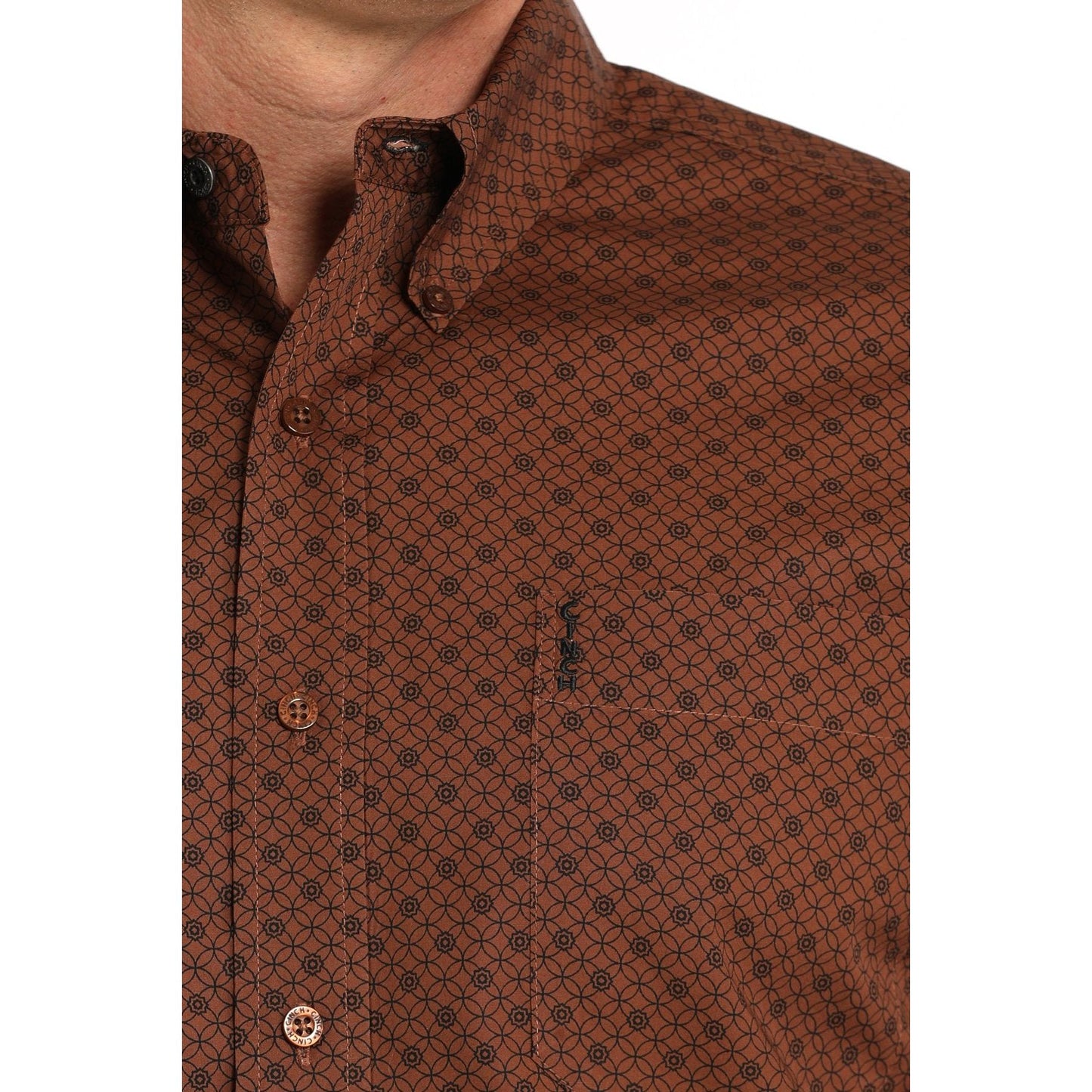 MEN'S MODERN FIT GEOMETRIC PRINT BUTTON-DOWN WESTERN SHIRT - BROWN #MTW1347116