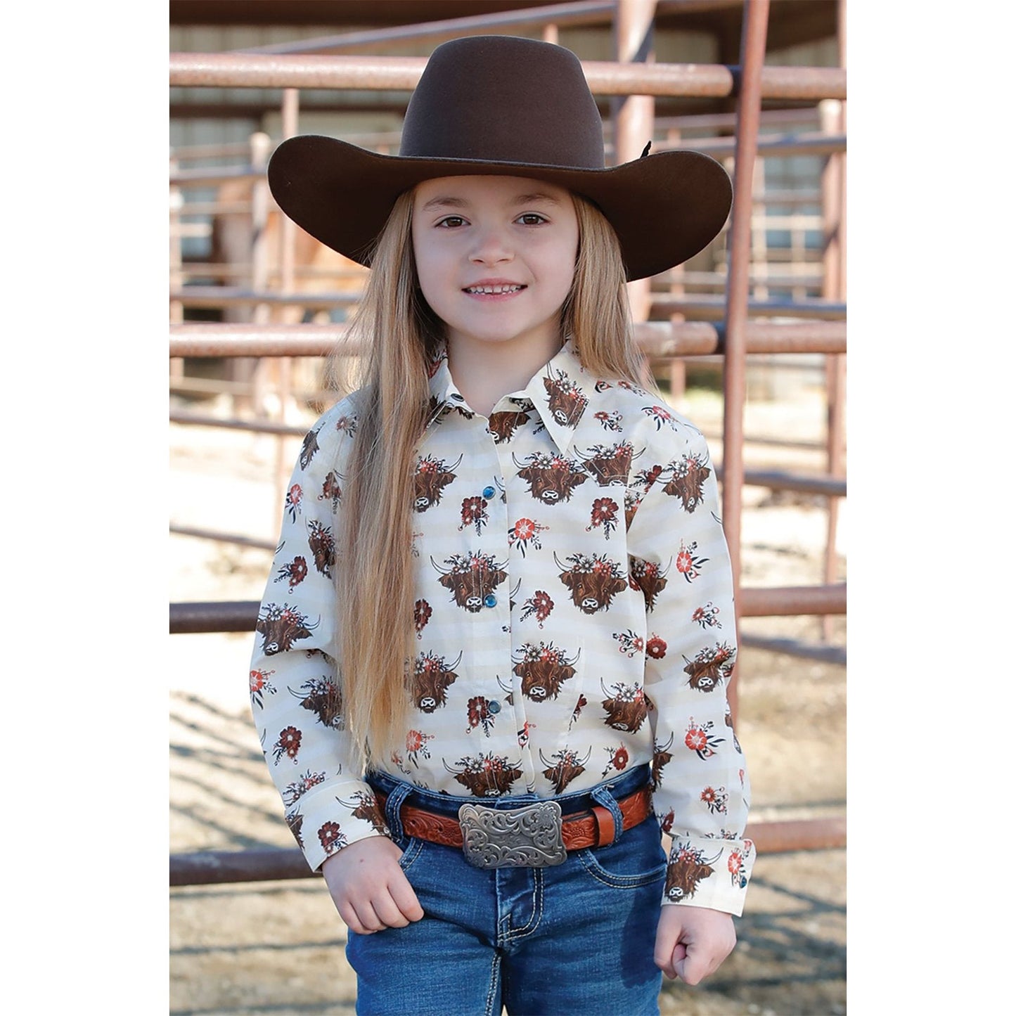 GIRL'S HIGHLANDER PRINT WESTERN SHIRT - CREAM #CTW8040007