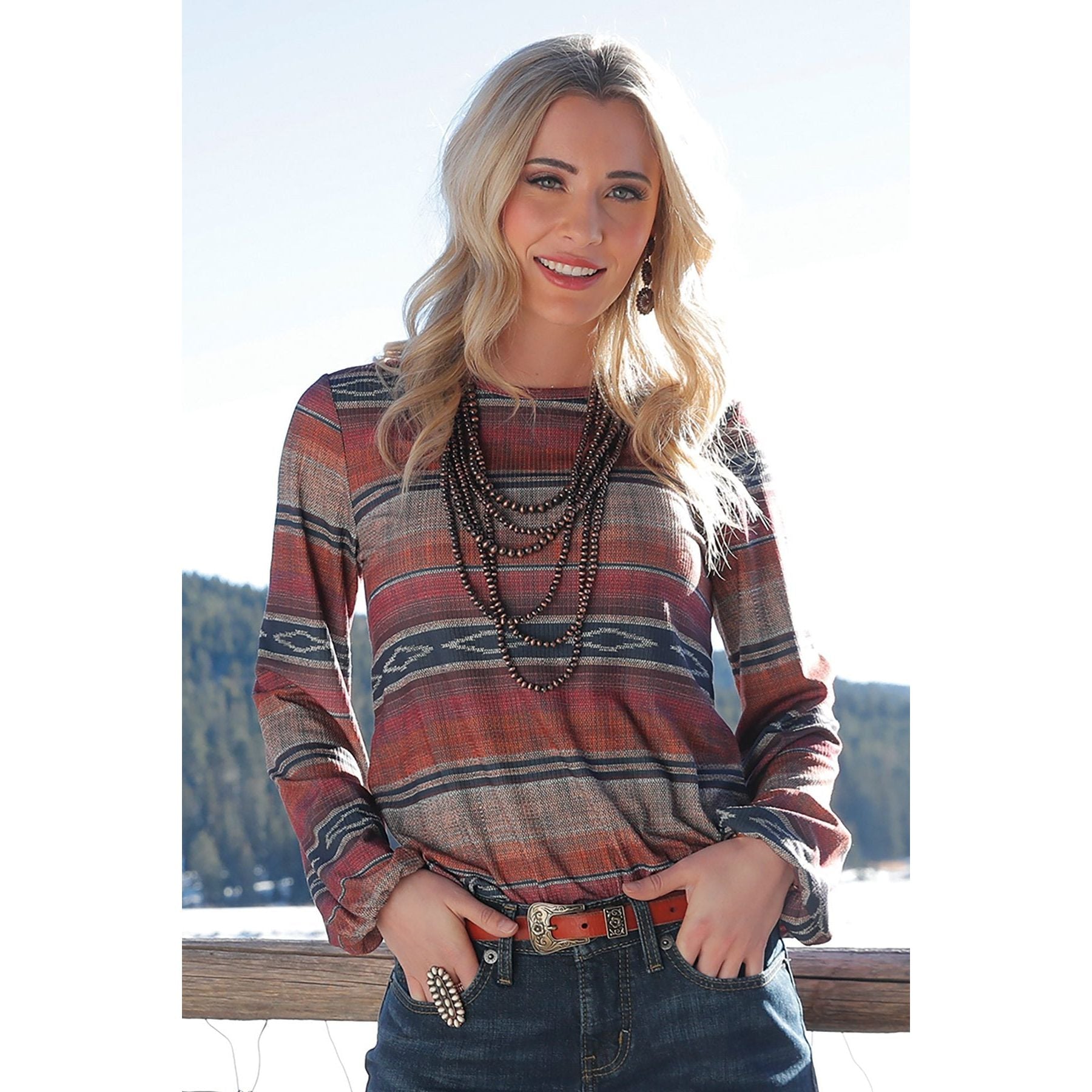 WOMEN'S LONG SLEEVE RIB KNIT TOP - MULTI #CTK7413003